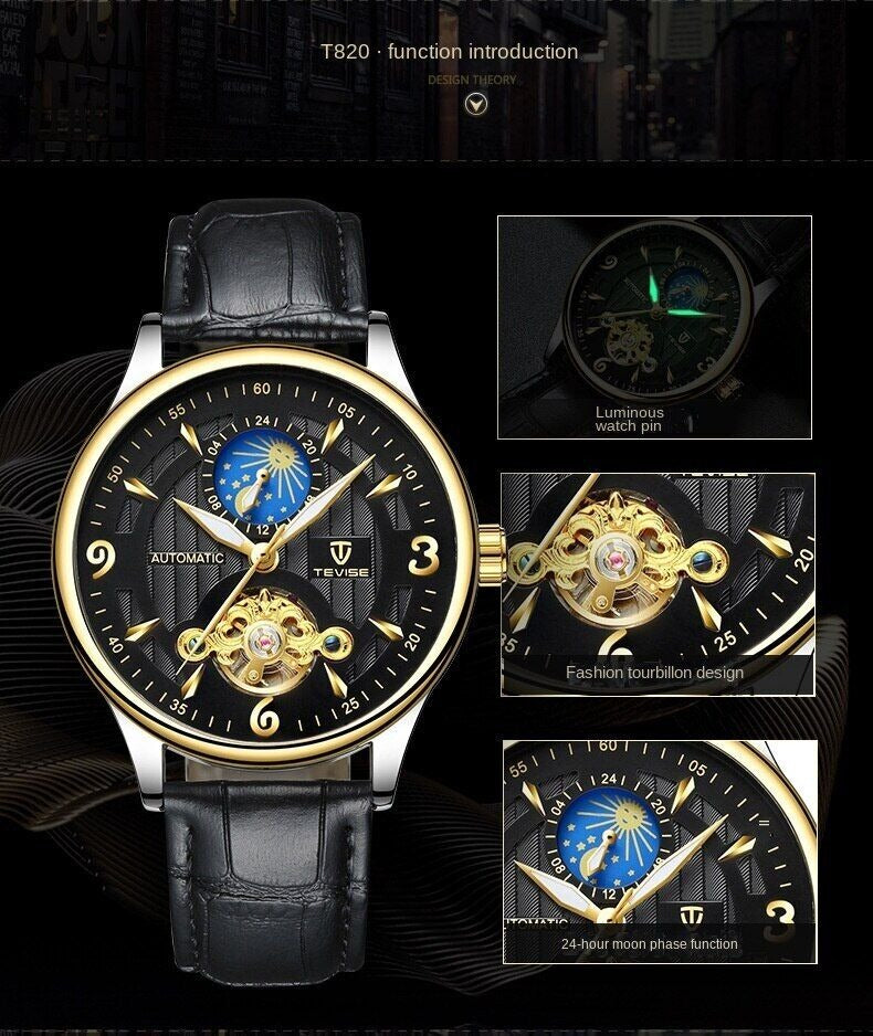 Men's Automatic Leather Mechanical Watch Tourbillon Waterproof Casual Watch | T820b