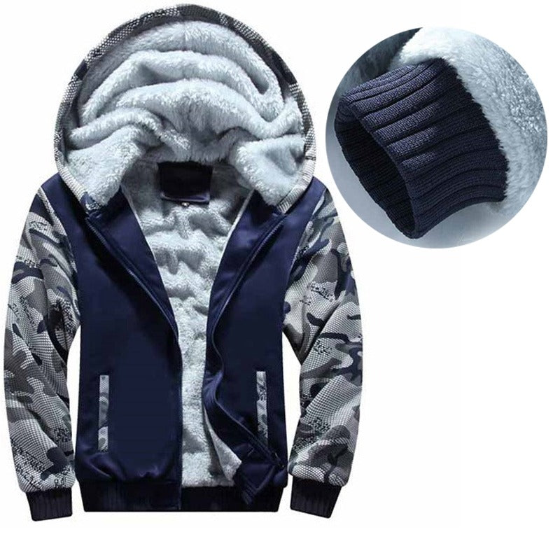 Men's Camouflage Tracksuit Zip Coat Winter Thick Fleece Hooded Jacket+Pants Sweat Suit