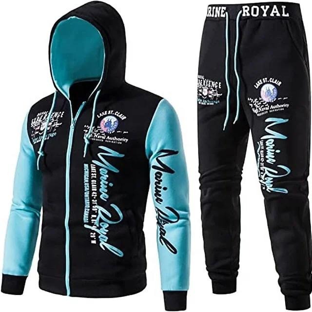 Men's Casual Tracksuit Full Zip Hooded Elastic Waistband Trousers Sweat Suit Set | 7101