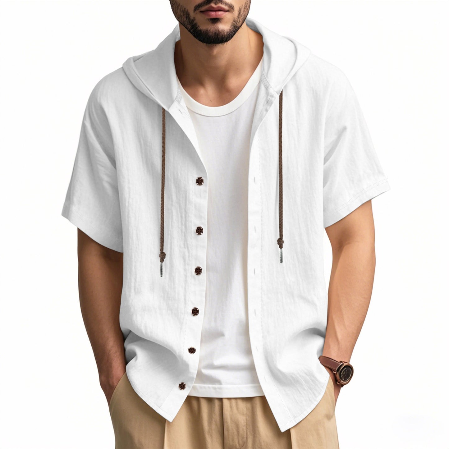 Men's Oversized Linen Hooded Shirt – Short Sleeve Amekaji Casual Summer Overshirt | 2455C