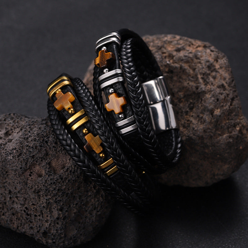 Men’s Magnetic Leather Bracelet Tiger Eye Stone & Double Cross Stainless Steel | YM-0361