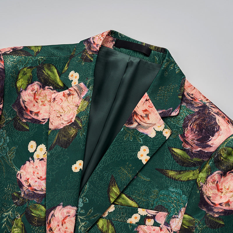 Men's Emerald Green Floral Jacquard Blazer | Slim Fit Master of Ceremonies Suit Jacket | Korean Style Business Casual Sport Coat | 2512