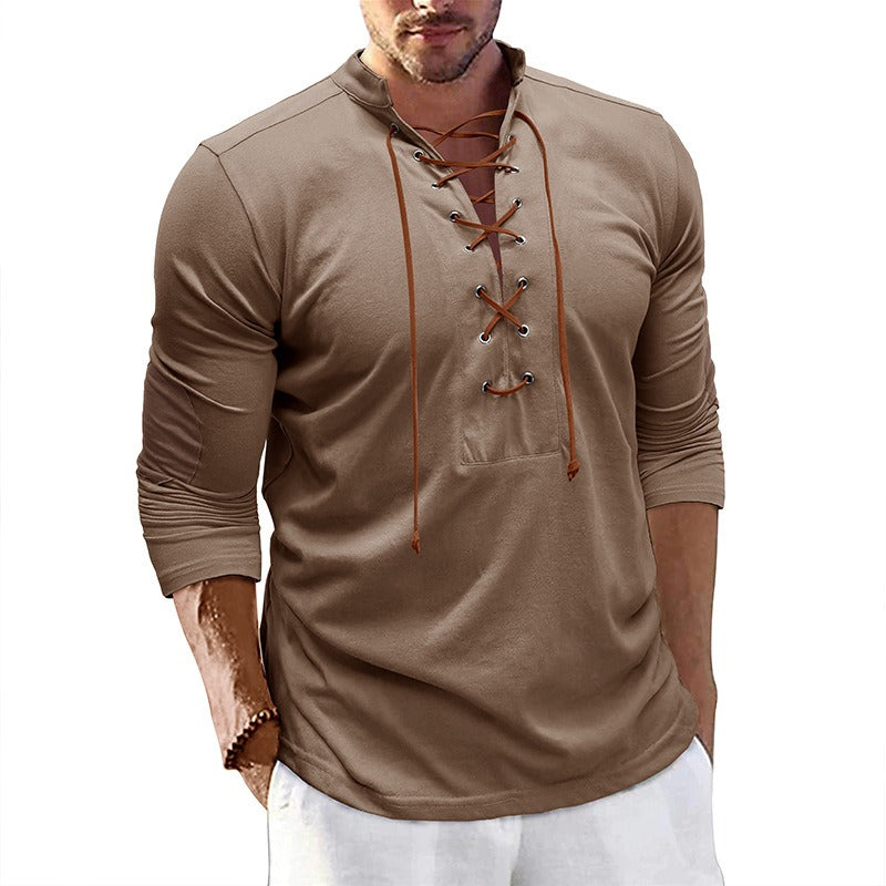 Men's Retro Long-Sleeved T-shirt Open Standing Collar Base Unhooded Shirt | 2379