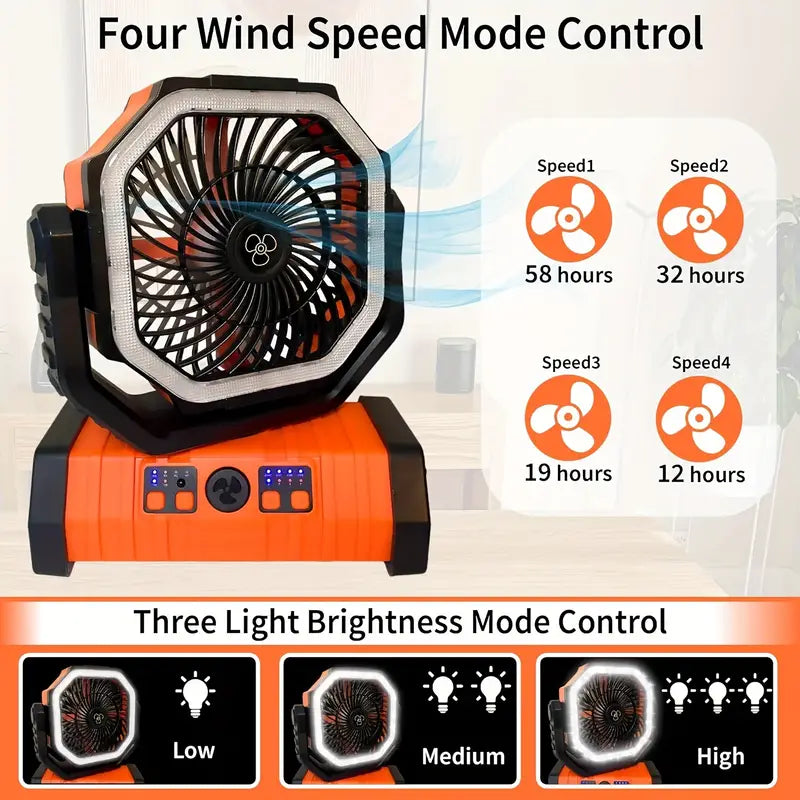 Portable Rechargeable Outdoor Camping Fan with Hook USB Table Fan With Emergency LED Light And Power Bank for Picnic, Hiking, Fishing