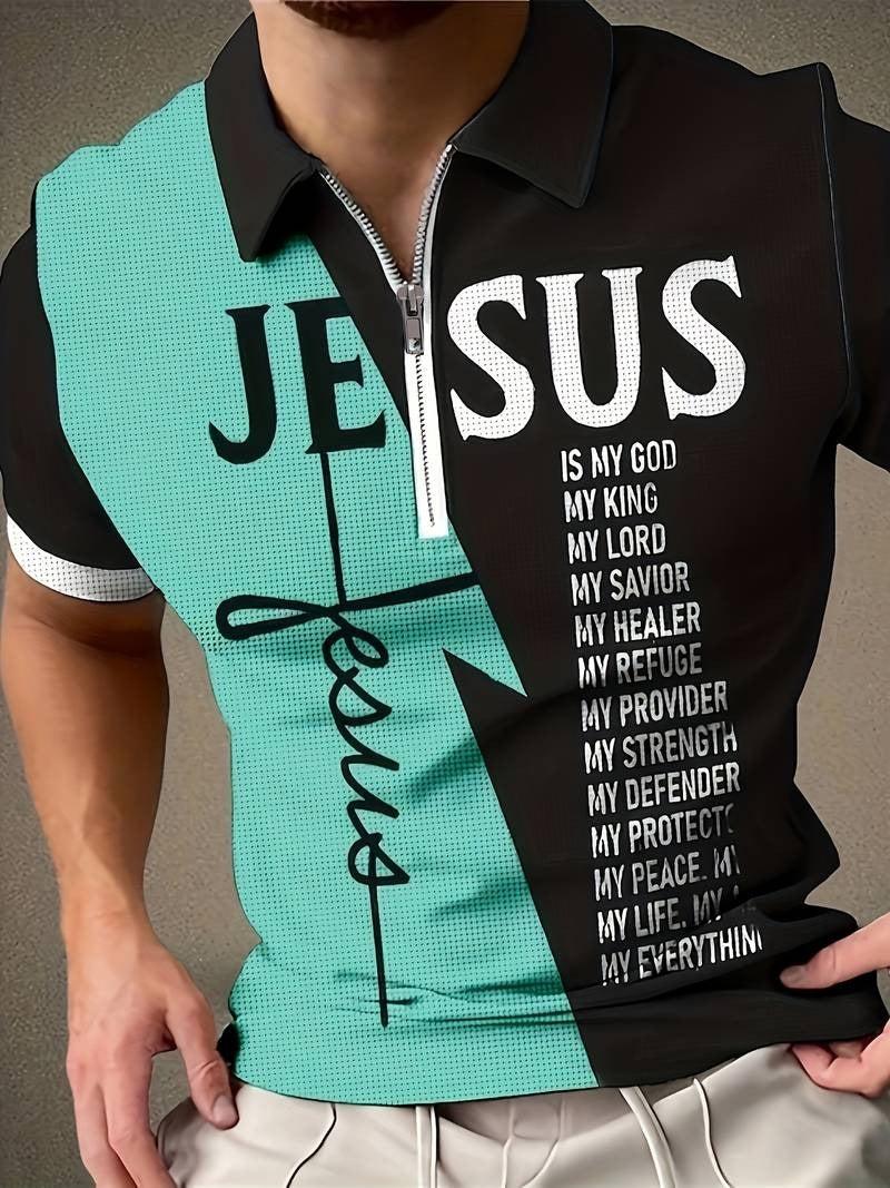 Casual "JESUS" Pattern Print Short Sleeve Zipper Shirts Lapel Collar Tops Pullovers | POLO46-50