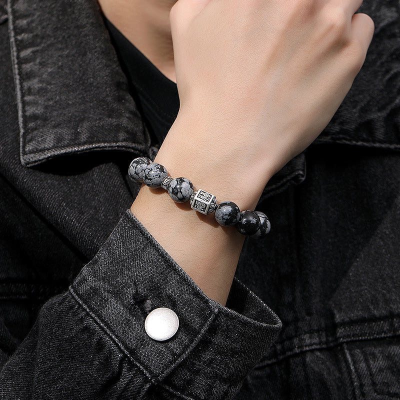Men’s Blessing Bracelet Handmade Silver Snowflake Obsidian Mantra Beads Bracelet | VB24383-3BBYS