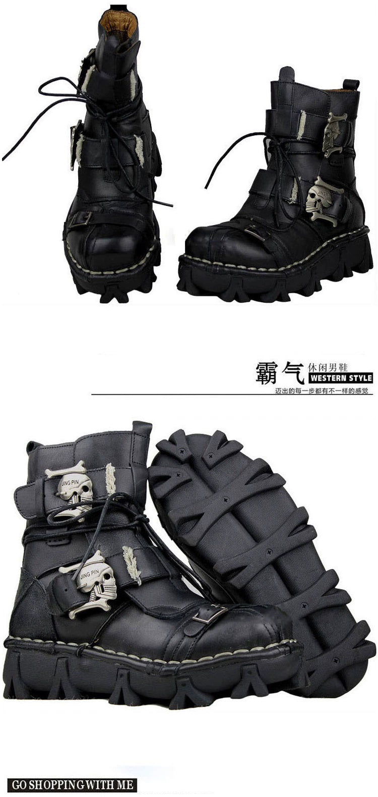 Men's Genuine Leather Harley Boots | Skull Design Motorcycle Ankle Boots | Waterproof & Anti-Slip Work Boots | 1809