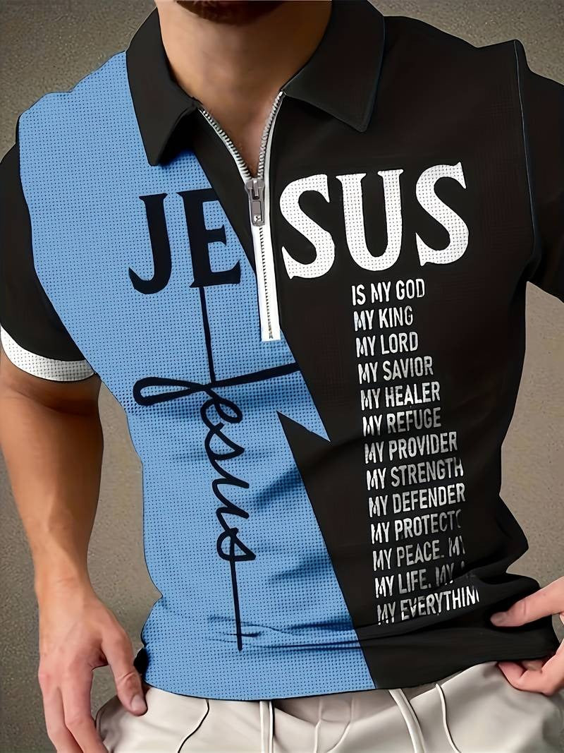 Casual "JESUS" Pattern Print Short Sleeve Zipper Shirts Lapel Collar Tops Pullovers | POLO46-50