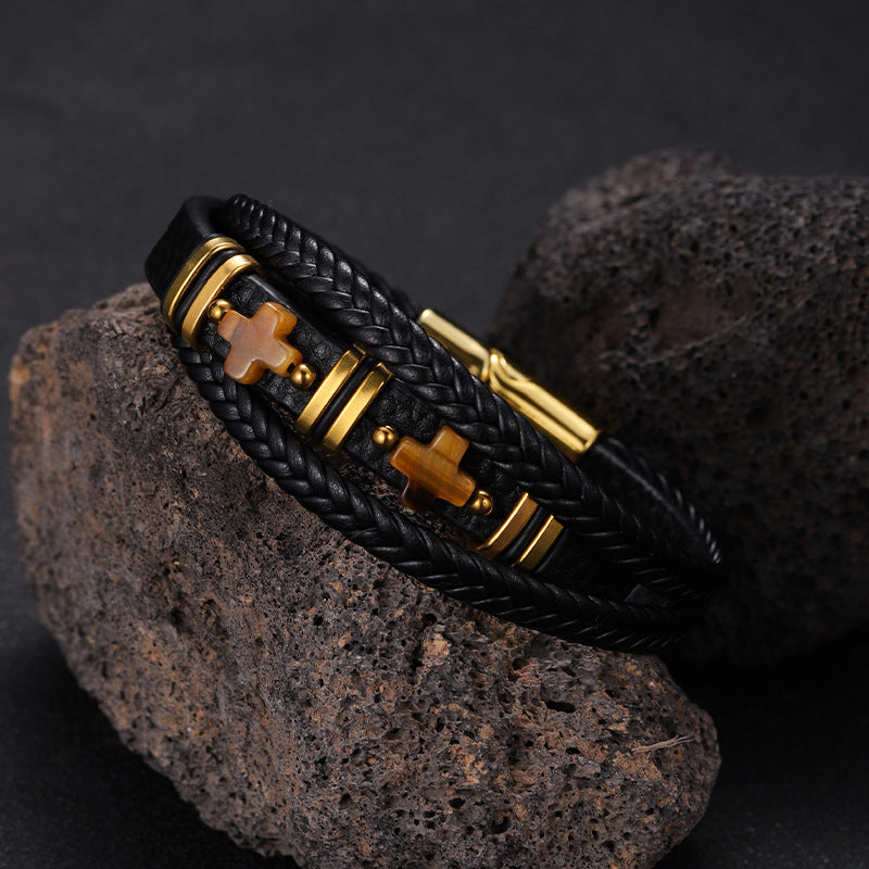 Men’s Magnetic Leather Bracelet Tiger Eye Stone & Double Cross Stainless Steel | YM-0361
