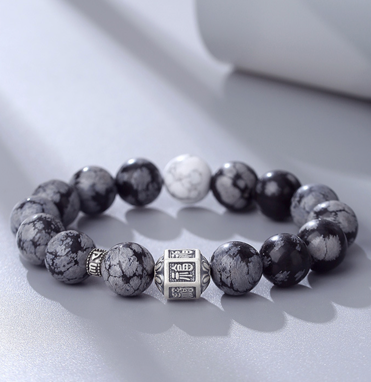 Men’s Blessing Bracelet Handmade Silver Snowflake Obsidian Mantra Beads Bracelet | VB24383-3BBYS