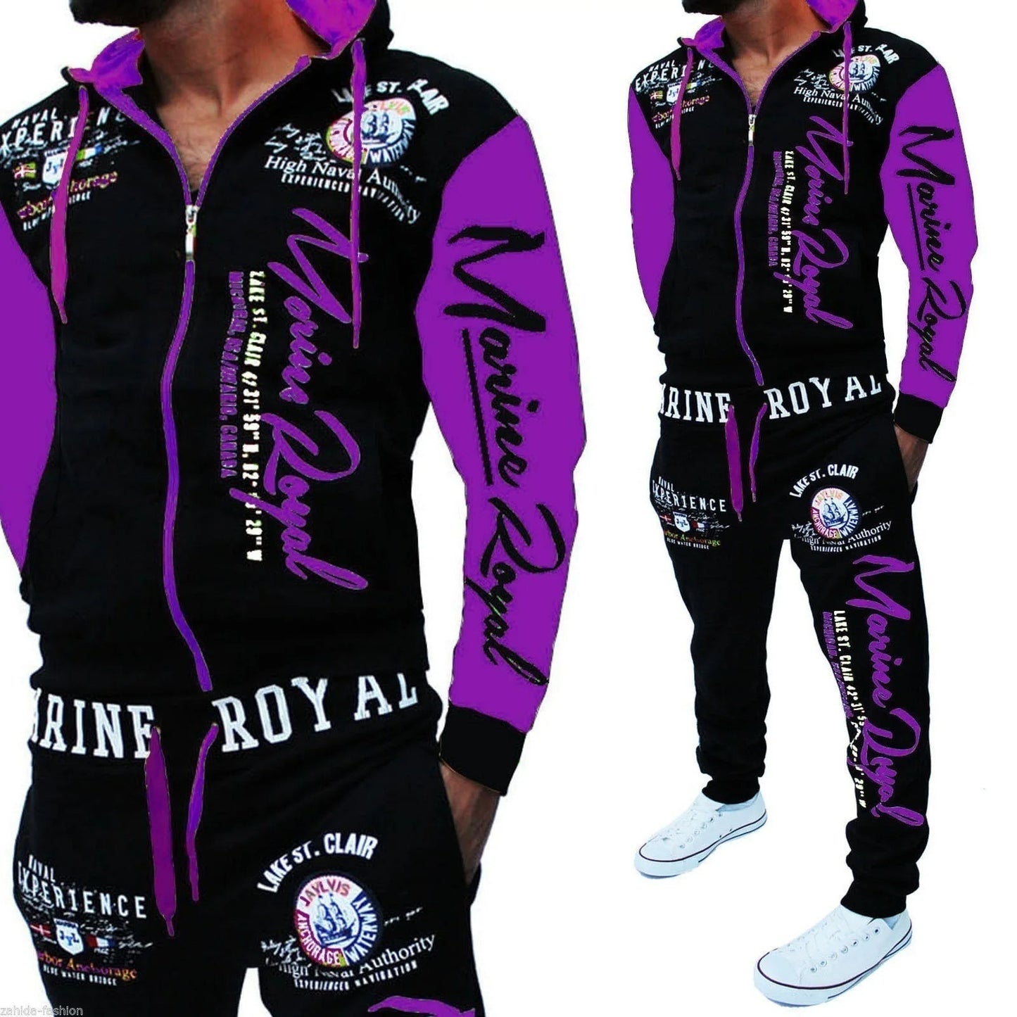 Men's Casual Tracksuit Full Zip Hooded Elastic Waistband Trousers Sweat Suit Set | 7101