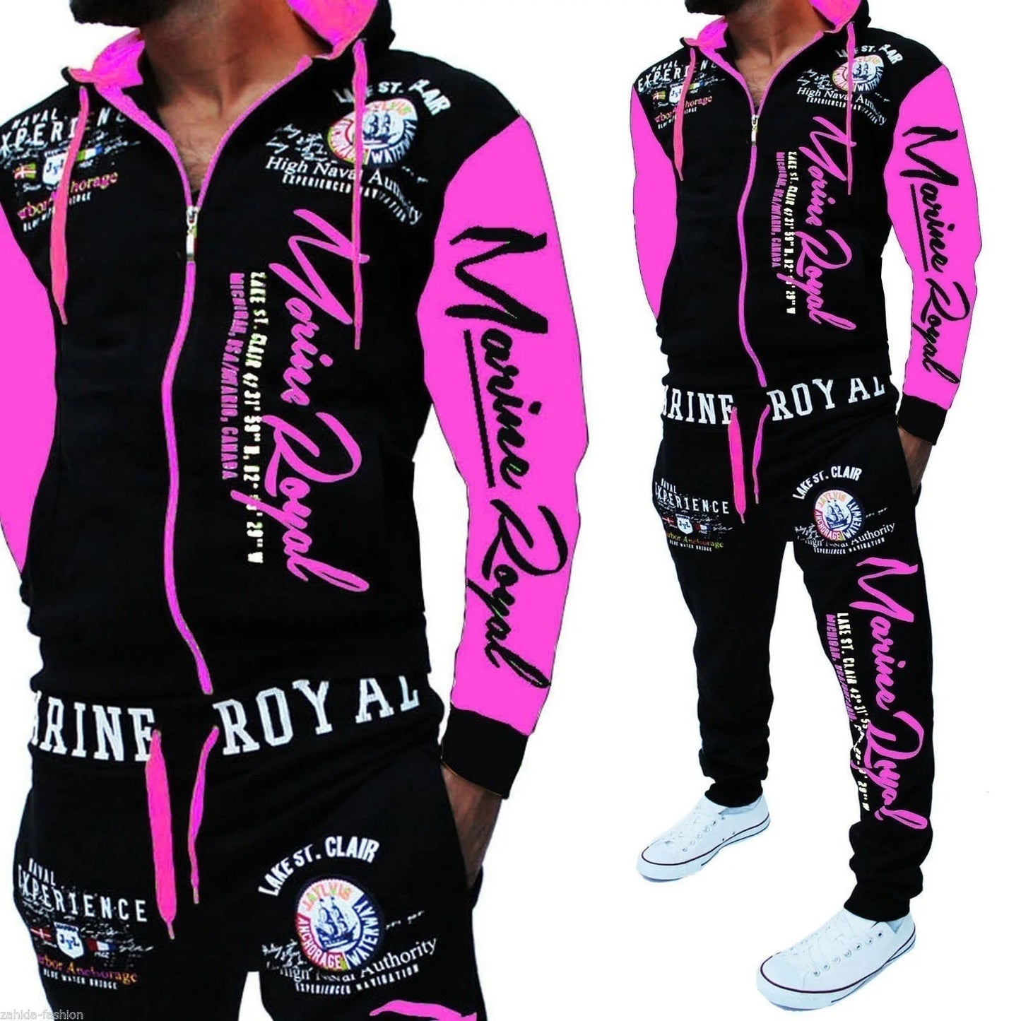 Men's Casual Tracksuit Full Zip Hooded Elastic Waistband Trousers Sweat Suit Set | 7101