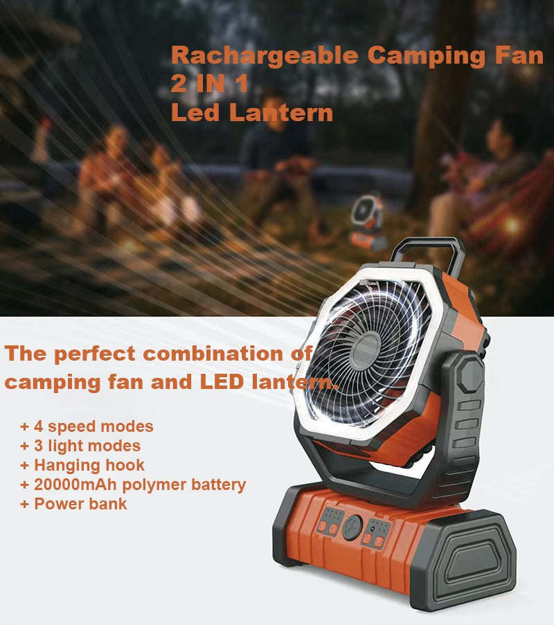 Portable Rechargeable Outdoor Camping Fan with Hook USB Table Fan With Emergency LED Light And Power Bank for Picnic, Hiking, Fishing