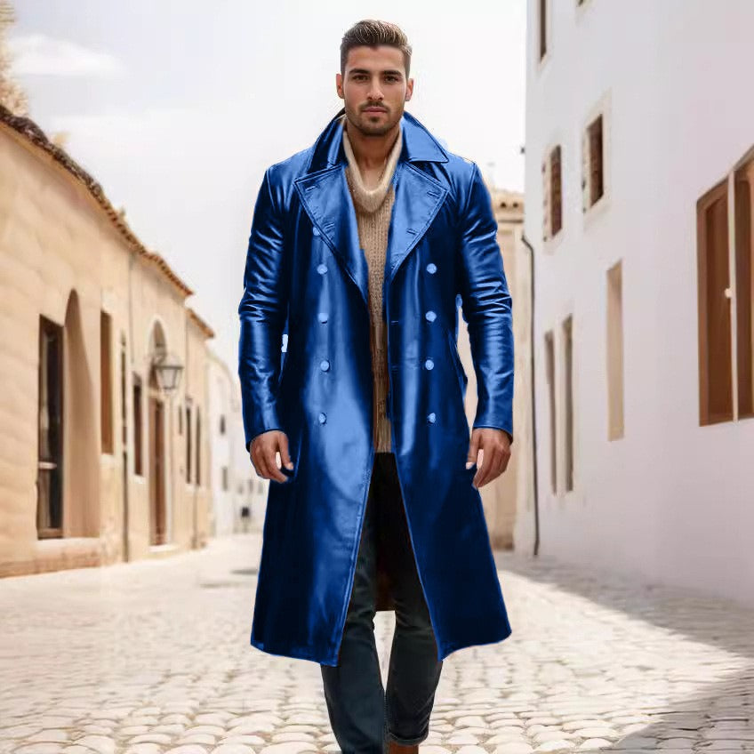 Men's Winter Long Coat Leather Double-Breasted German Military Jacket | 1217-FY8