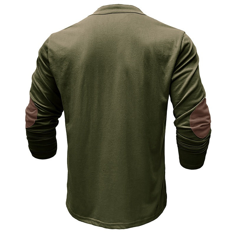 Men's Retro Long-Sleeved T-shirt Open Standing Collar Base Unhooded Shirt | 2379