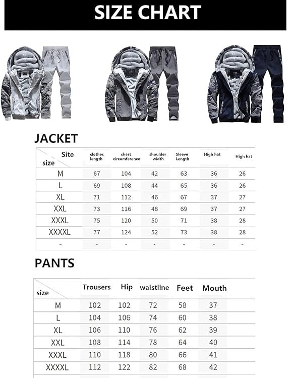 Men's Camouflage Tracksuit Zip Coat Winter Thick Fleece Hooded Jacket+Pants Sweat Suit