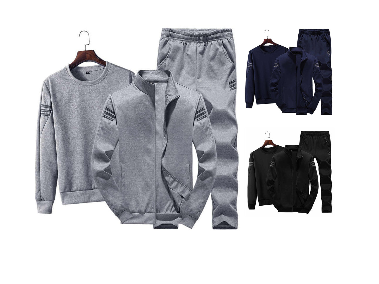 Men's Fall Winter Full Sleeves Sweater Sweatshirt Zipper Jacket & Trouser Set Casual Sports Suit Trend 3 Piece Set (Shirt+Jacket+Trouser Pants) | T928