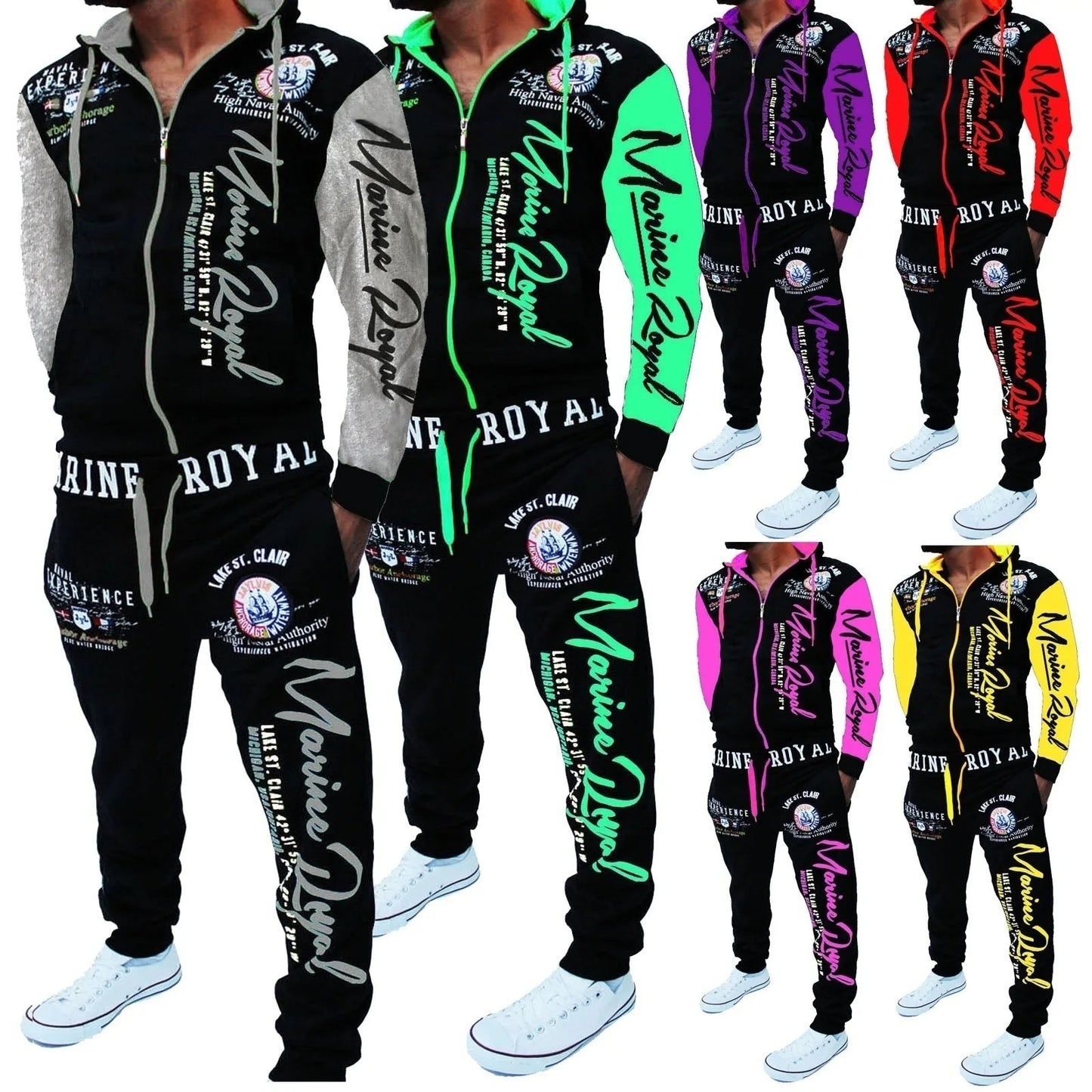 Men's Casual Tracksuit Full Zip Hooded Elastic Waistband Trousers Sweat Suit Set | 7101