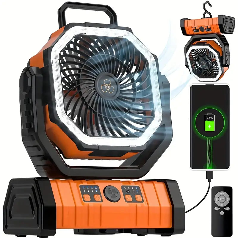 Portable Rechargeable Outdoor Camping Fan with Hook USB Table Fan With Emergency LED Light And Power Bank for Picnic, Hiking, Fishing