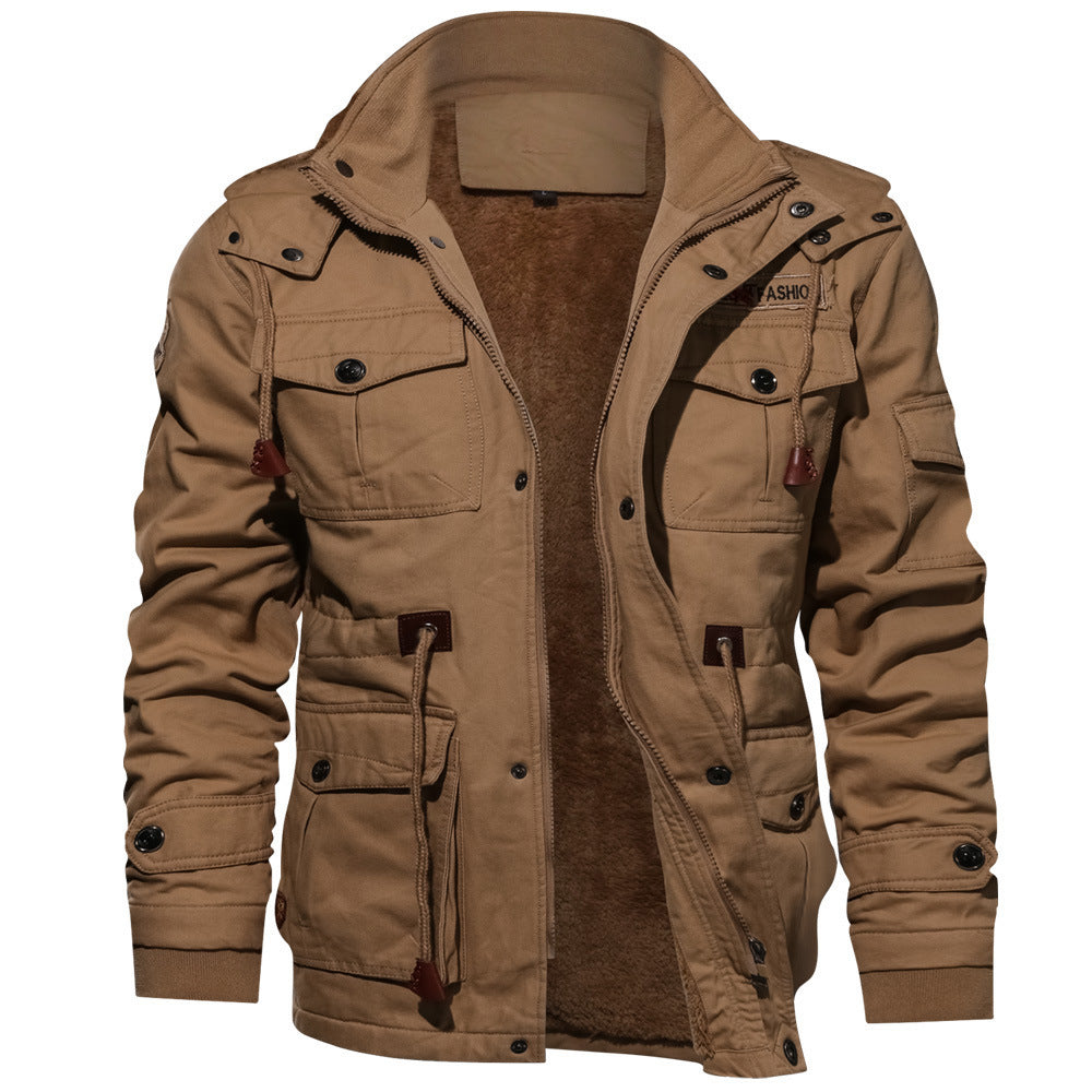 Men's Winter Fleece Warm Hooded Blazer Multi Pockets Casual Cotton Jacket | 9933