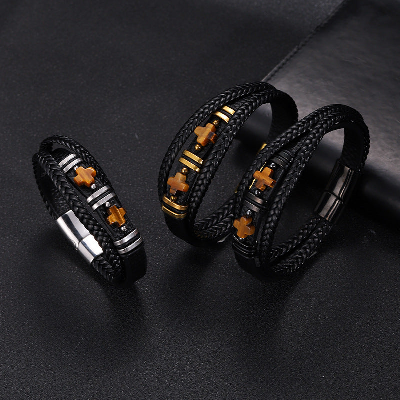 Men’s Magnetic Leather Bracelet Tiger Eye Stone & Double Cross Stainless Steel | YM-0361