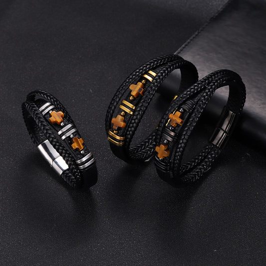 Men’s Magnetic Leather Bracelet Tiger Eye Stone & Double Cross Stainless Steel | YM-0361