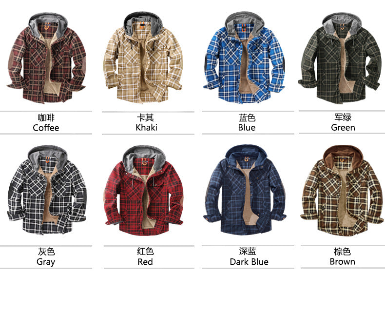 Top Quality Men's Plaid Checked Shirt Jacket Plus Size Velvet Lined Windproof Warm Hooded Cotton Coat | 3252