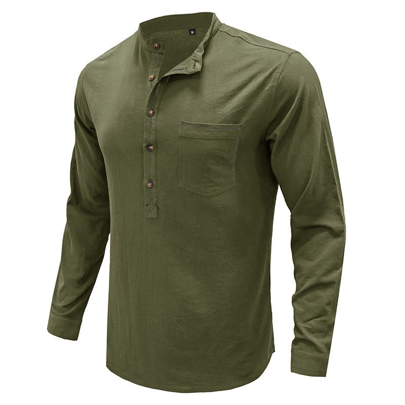 Mens Casual Blouse Flex Henley Long Sleeve Pocket T Shirts Loose Tops | 220505