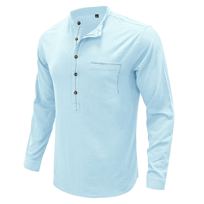 Mens Casual Blouse Flex Henley Long Sleeve Pocket T Shirts Loose Tops | 220505