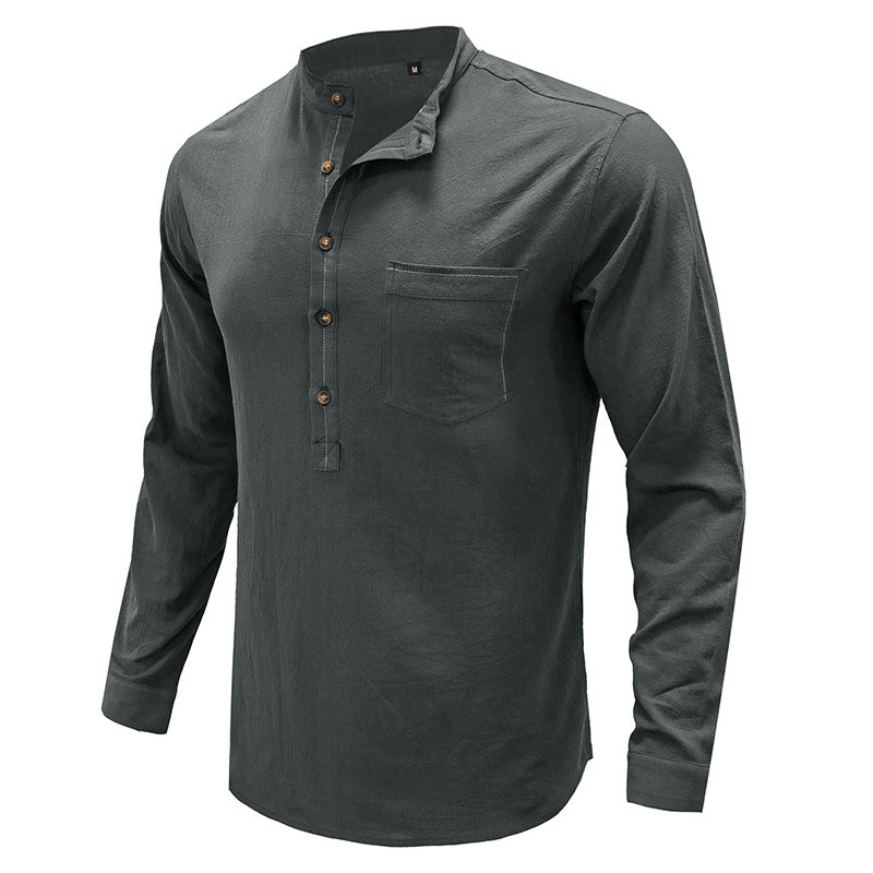 Mens Casual Blouse Flex Henley Long Sleeve Pocket T Shirts Loose Tops | 220505