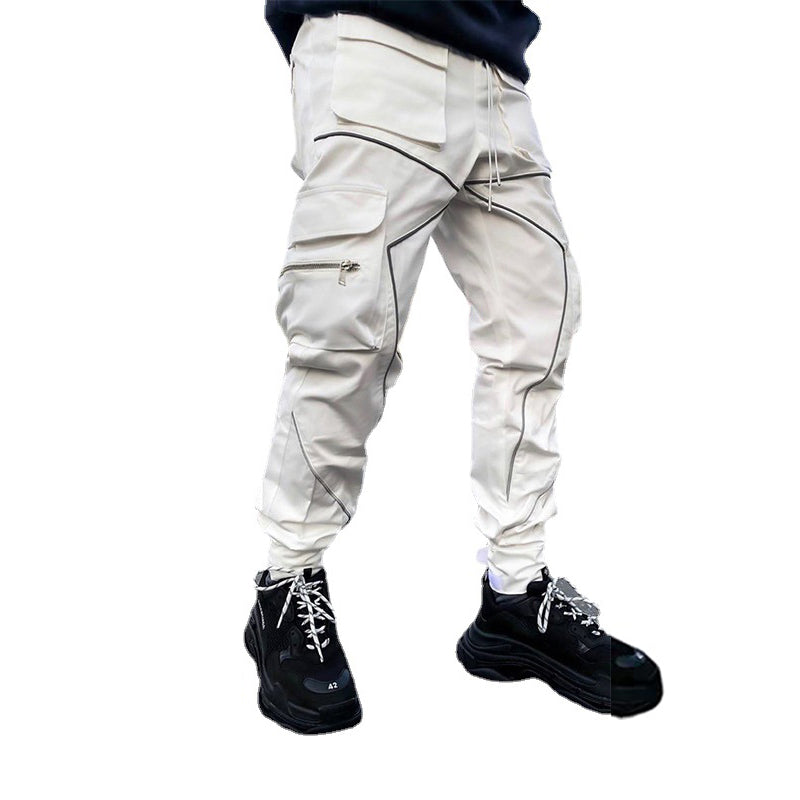 White Men's Multi Pocket Fashion Cargo Pants Technical Reflective Jogger Pants | W302