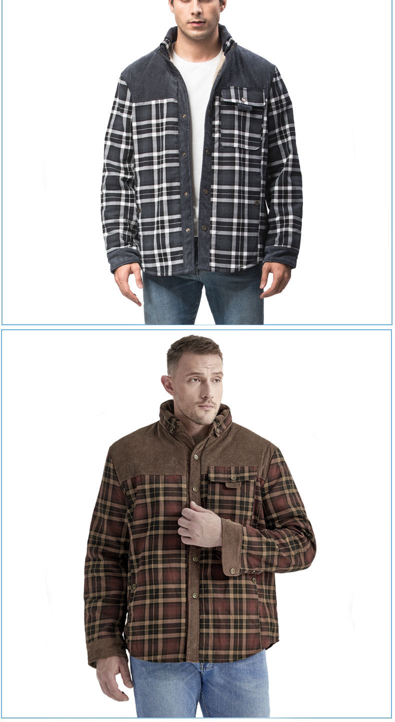 Men's Patchwork Corduroy Plaid Shirt Jacket Plus Size Velvet Lined Casual Winter Top | 3251
