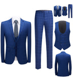 Men's 3 Pieces Slim Fit Suit Plaid Tuxedo Suit Dark Blue Business Wedding Dress Men Classic Formal Jacket Pants Vest