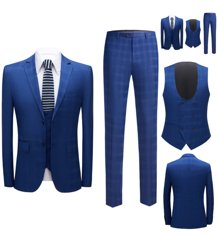 Men's 3 Pieces Slim Fit Suit Plaid Tuxedo Suit Dark Blue Business Wedding Dress Men Classic Formal Jacket Pants Vest