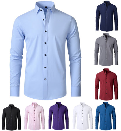 Men's Long-sleeved Business Casual Stretchable Shirt Solid Color Slim Non Iron Stretchy Dress Shirts