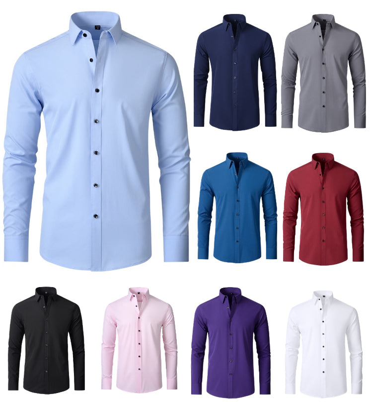 Men's Long-sleeved Business Casual Stretchable Shirt Solid Color Slim Non Iron Stretchy Dress Shirts