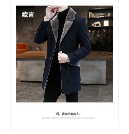 Men's Winter Fur Collar Trench Coat Slim Fit Mid-Long Blend Overcoat for Cold Weather | D-3229