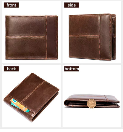 RFID Anti-Theft Leather Wallet Short Cowhide Bifold Design with Multi-Card Slots & Coin Pocket for Men | 8064