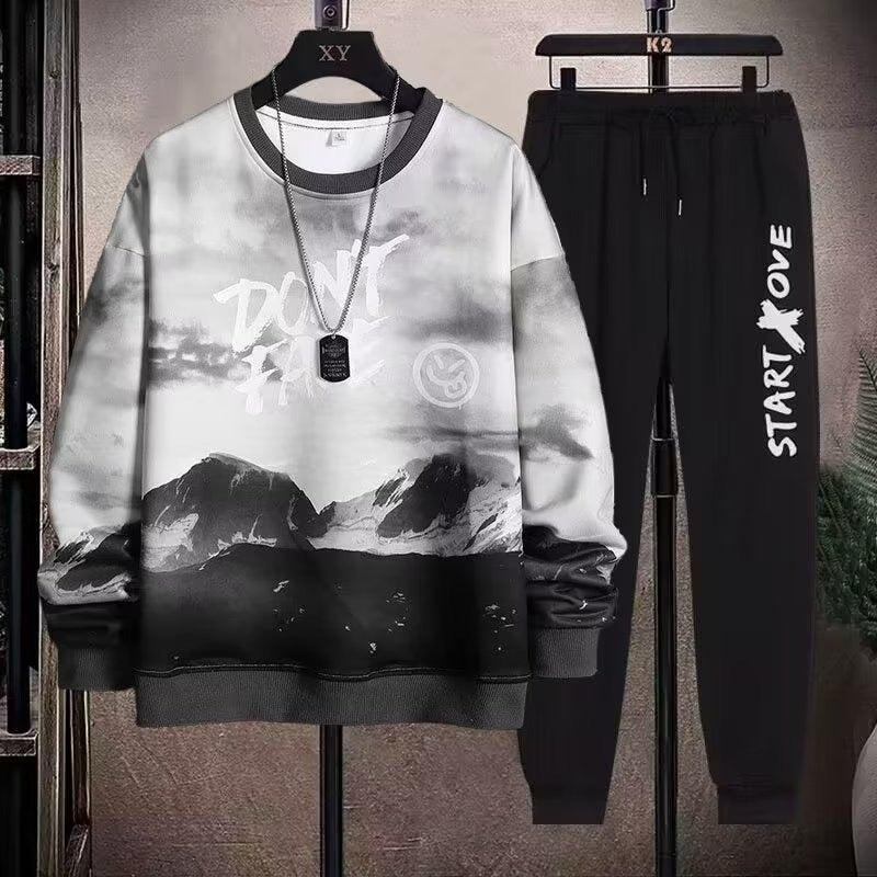 Men's 2 Piece Sweat Set Trousers Casual Pullover T-shirt Outer Wear Loose All-Match Gradient Color Long Sleeve Student Tops