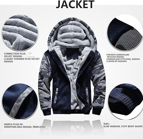 Men's Camouflage Tracksuit Zip Coat Winter Thick Fleece Hooded Jacket+Pants Sweat Suit
