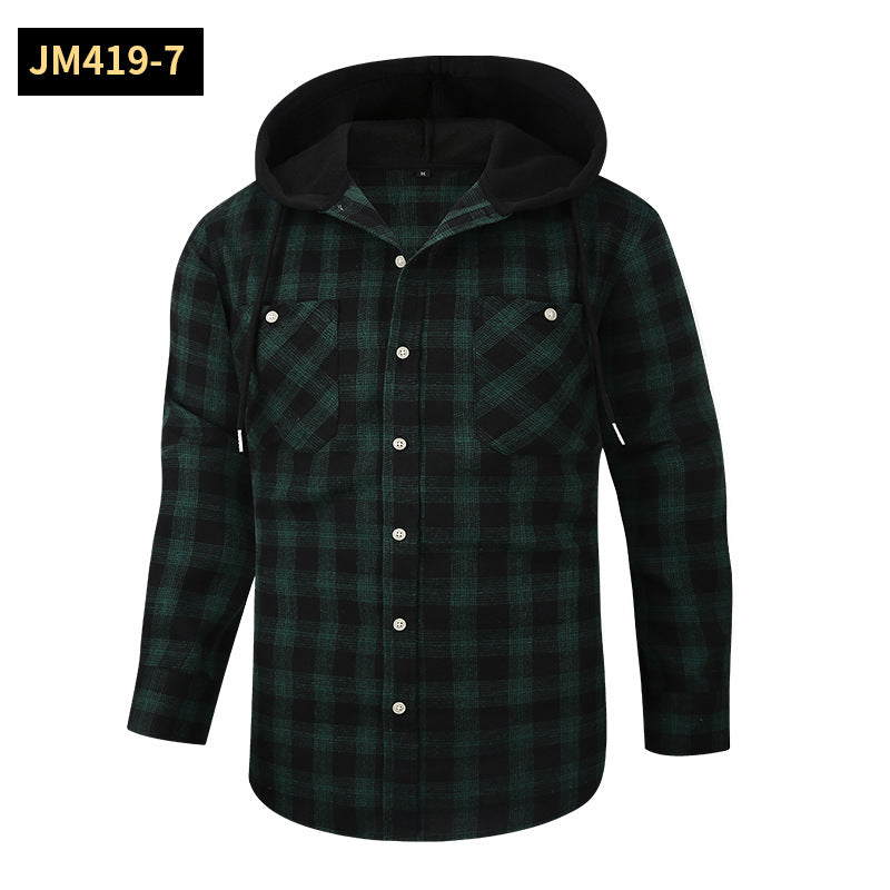 Men Premium Loose Fit Casual Flannel Long Sleeve Hooded Plaid Checkered Shirt | JM419