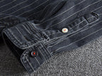 Men's Retro Heavy Distressed Denim Shirt Slim Fit Striped Long Sleeve Shirt | 8833