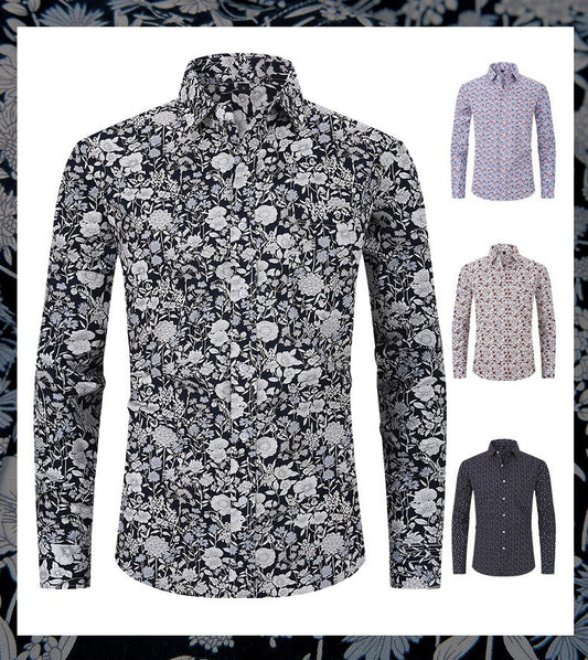 Men's Formal Classic Design Flower Print Button Up Shirt Business Dress Shirt | Q7