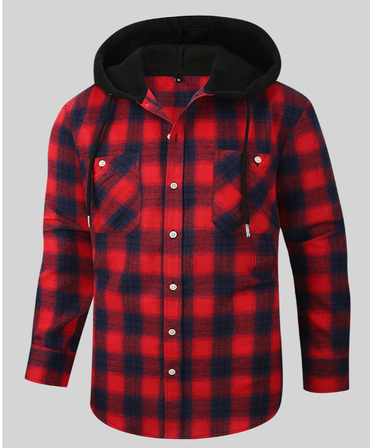 Men Premium Loose Fit Casual Flannel Long Sleeve Hooded Plaid Checkered Shirt | JM419