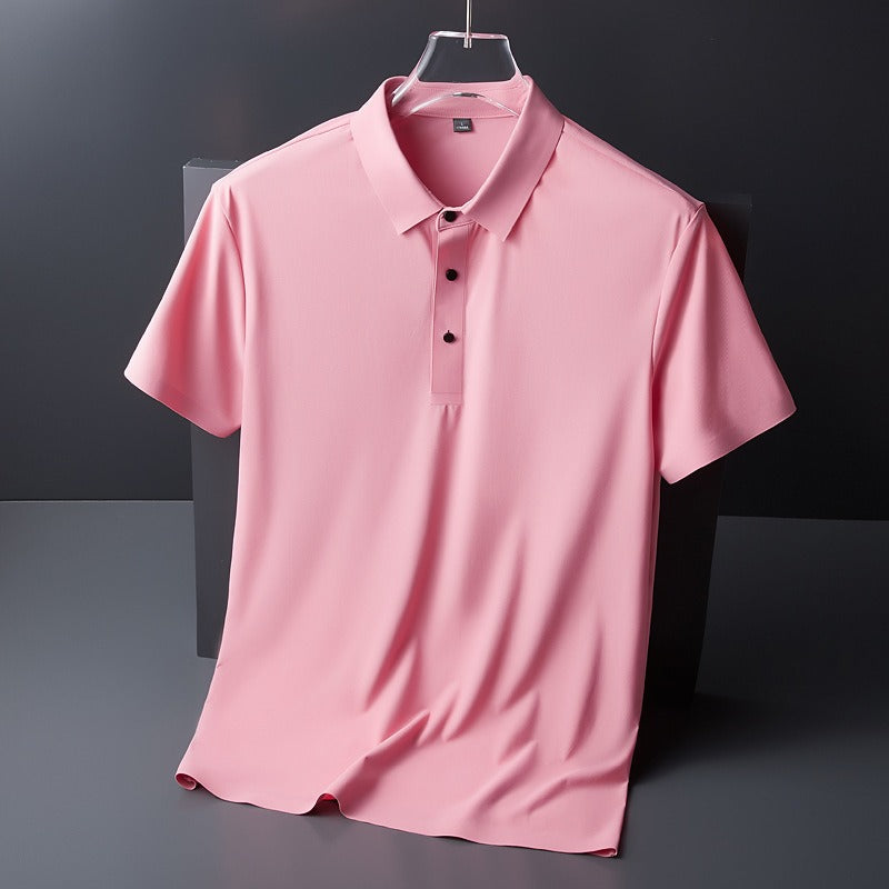 Men's Summer Seamless Ice Silk T-shirt Solid Color Short Sleeve Casual Stretch Polo Shirt | Y678