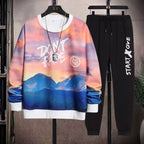 Men's 2 Piece Sweat Set Trousers Casual Pullover T-shirt Outer Wear Loose All-Match Gradient Color Long Sleeve Student Tops