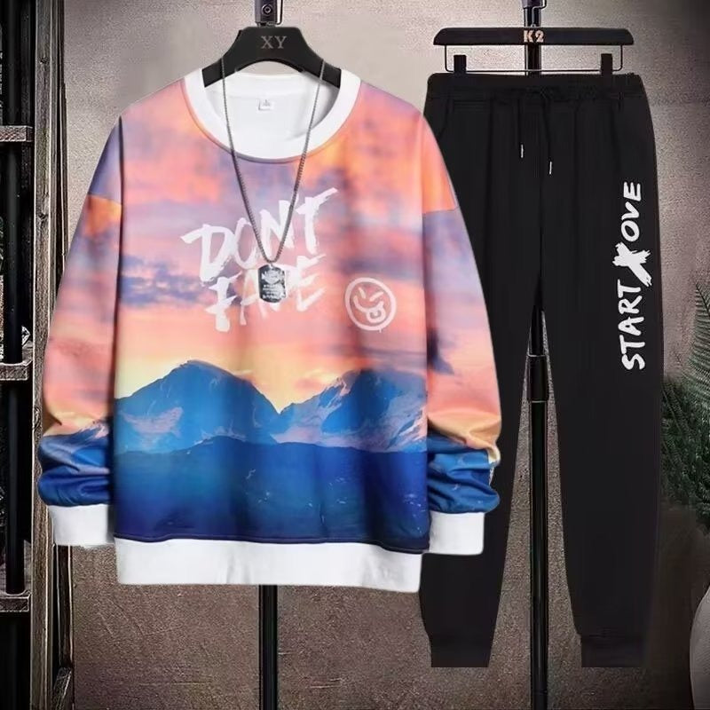 Men's 2 Piece Sweat Set Trousers Casual Pullover T-shirt Outer Wear Loose All-Match Gradient Color Long Sleeve Student Tops