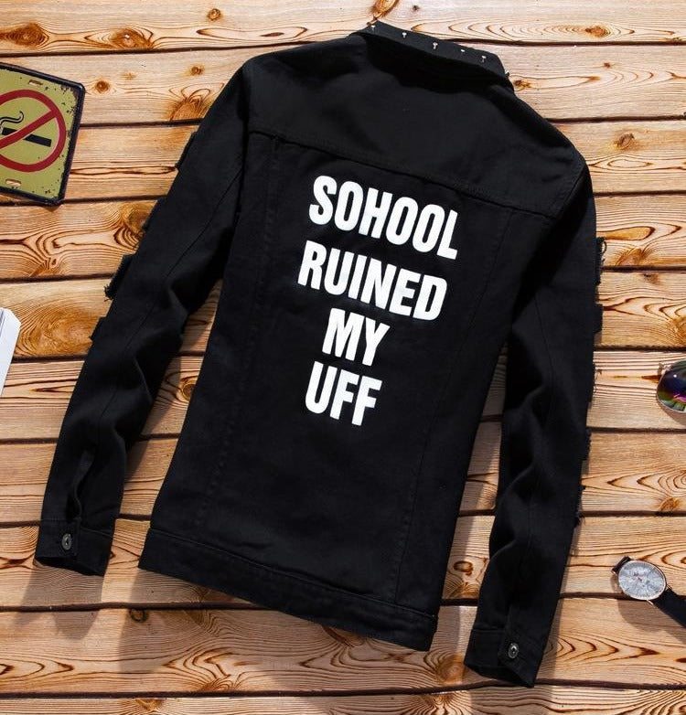 Men's Denim Jacket Jeans Pants Letters Printing Trousers 3 Pcs Set Casual Single Breasted