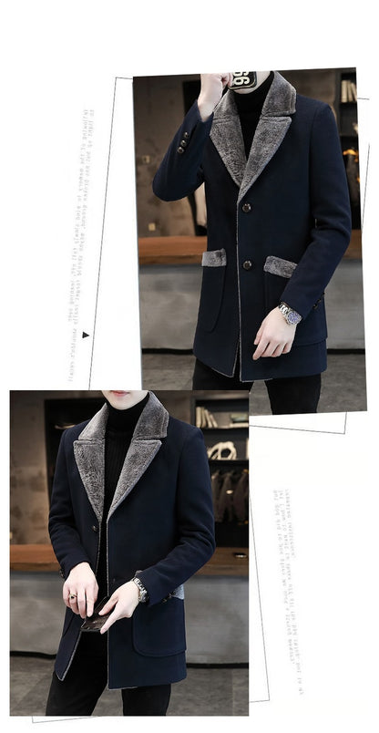 Men's Winter Fur Collar Trench Coat Slim Fit Mid-Long Blend Overcoat for Cold Weather | D-3229