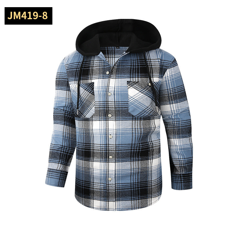 Men Premium Loose Fit Casual Flannel Long Sleeve Hooded Plaid Checkered Shirt | JM419